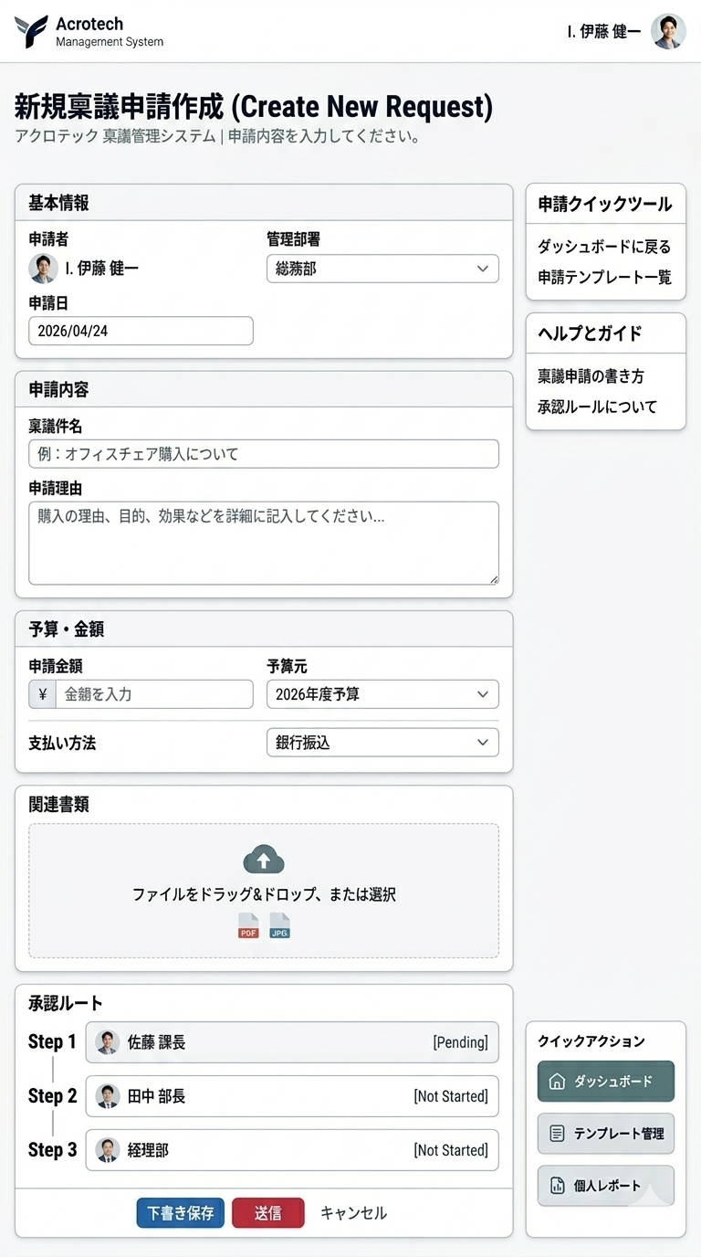 介護業界に特化した稟議申請フォーム画面